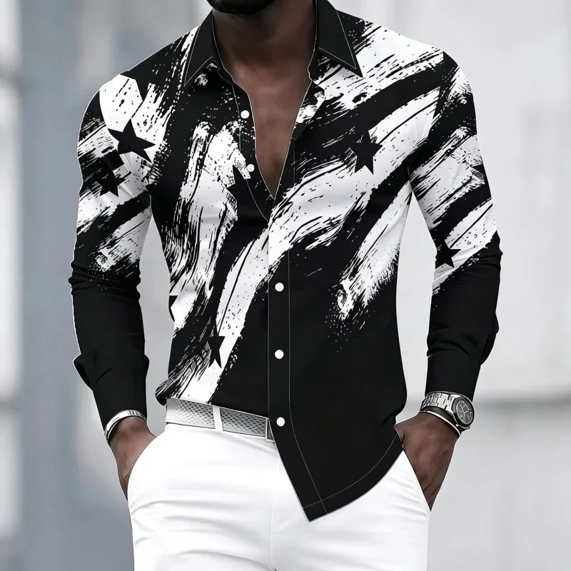 Men's shirt with brushstroke stripes and five-pointed star print, suitable for everyday wear and parties, long-sleeved collared