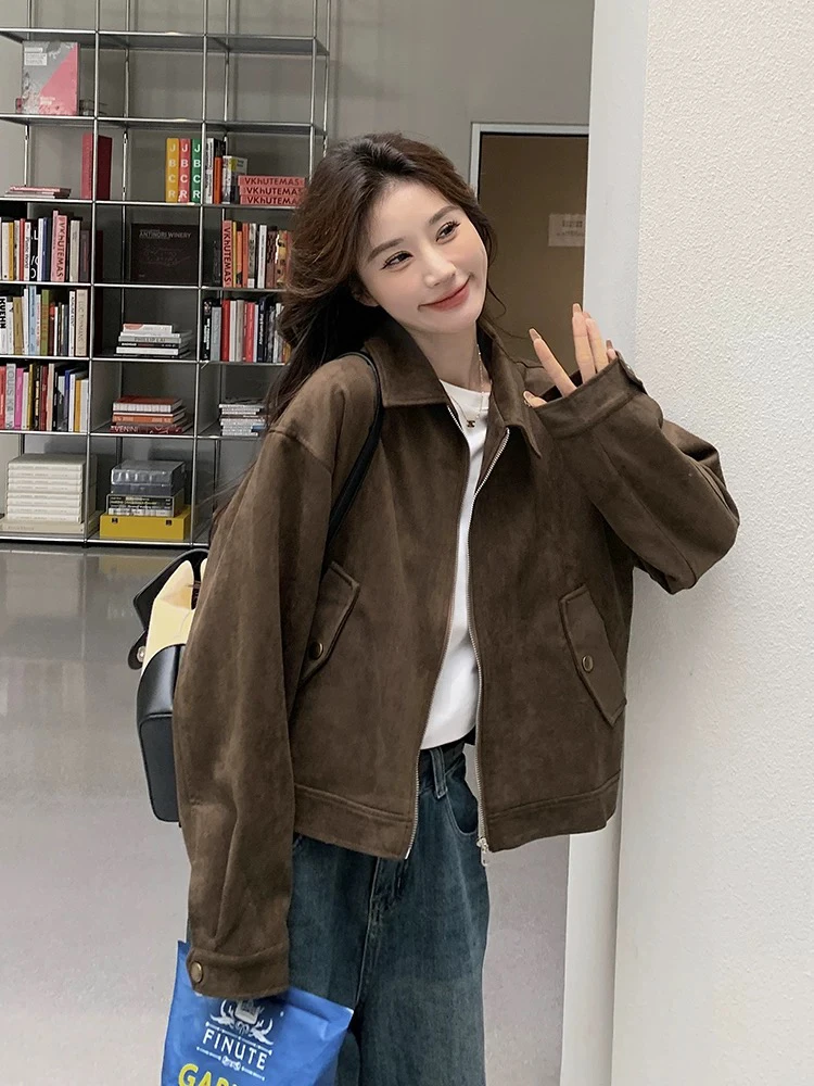 Fall New Brown Mermaid Deer Skin Velvet Jaet Women ort American Retro Motorcycle Jaet Top Loose Fit Commute Sle