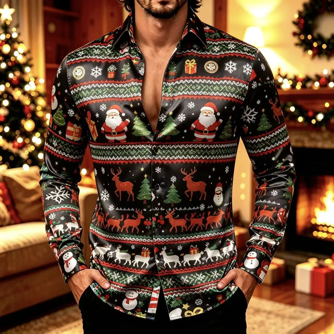 Men's Christmas Satin Long Sleeved Shirt, Santa Claus Snowflake Deer Print Button up Shirt, Party Holiday Casual Top
