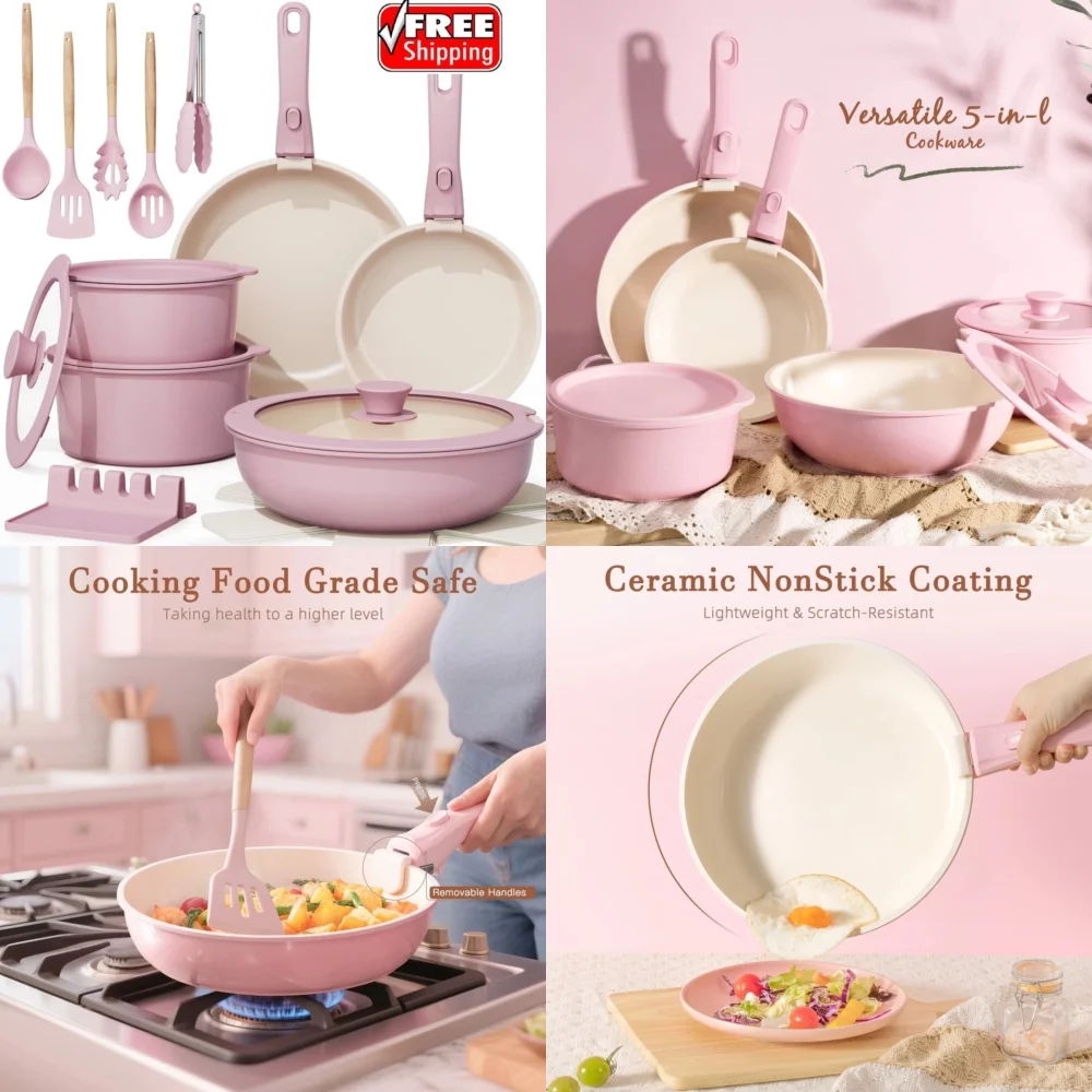 

Cookware Sets20 Piece Ceramic Non Stick Cookware Set with Removable Handles for Easy Storage and Versatile Cooking