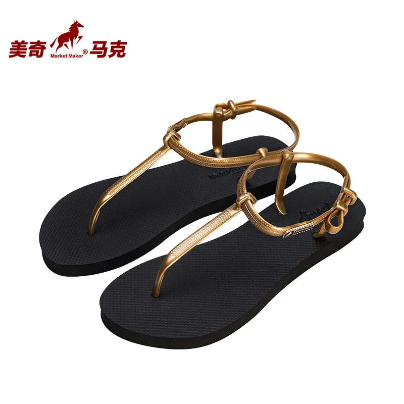 2024 New Women Slippers T-Strap Fashionable Soft Low Heel Flat Sandals Outdoor Black Gold Yellow Gray Summer Flip Flops