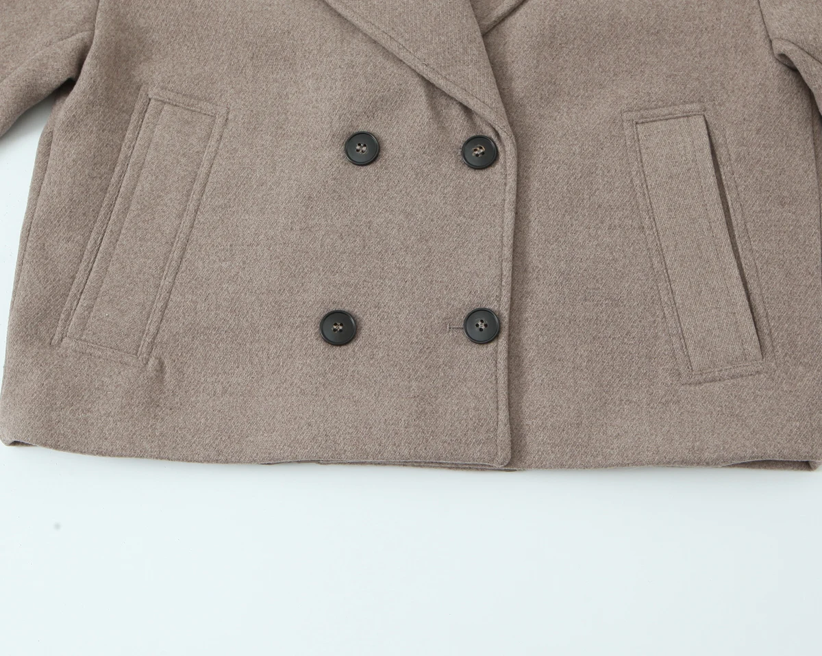 2025, Herbst und Winter, neue Damenmode, Knopfdekoration, zweireihiger Kurzmantel, Jacke mit Revers, langen Ärmeln, doppelter Br