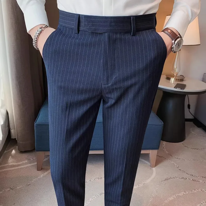 2023 Autumn Winter Striped Suit Pants Men Slim Fit Business Casual Dress Pants Wedding Office Social Trousers Men Clothing