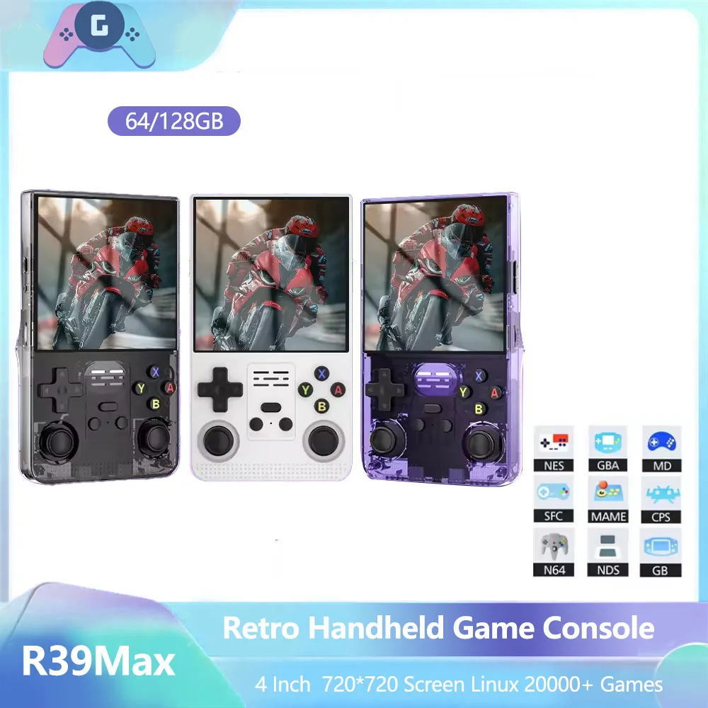 

R39 MAX Handheld Game Console Portable Gaming Console Linux System 4.0-inch IPS Screen HD 64GB 20000+ Handheld Game Console