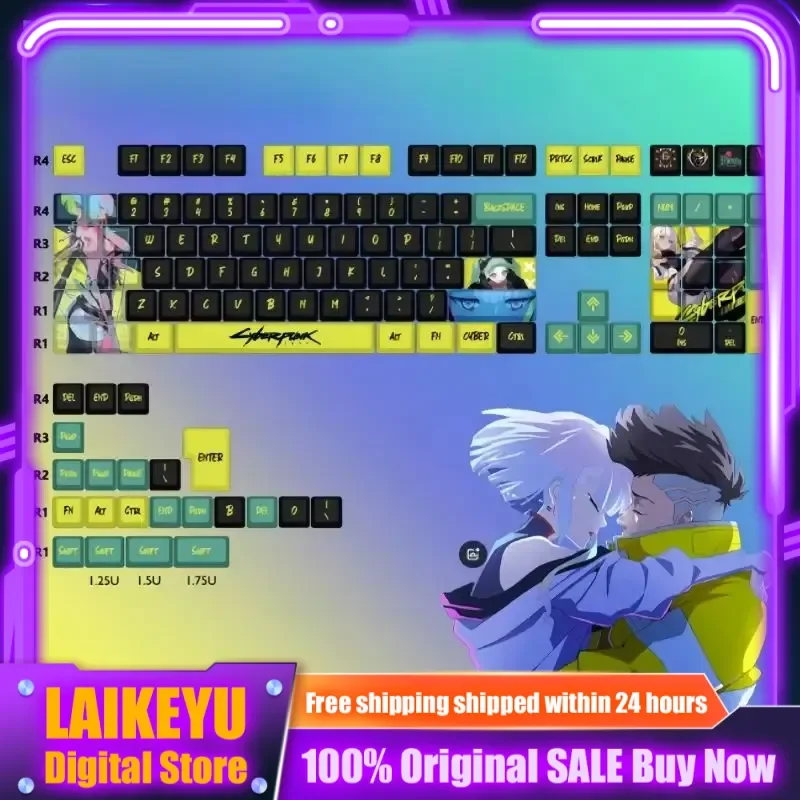 124-Key Cyberpunk Theme Anime Keycaps Cherry Profil Mechanical Keyboard PBT Custom Keycaps Side Engraved PC Gaming Keyboard Gift