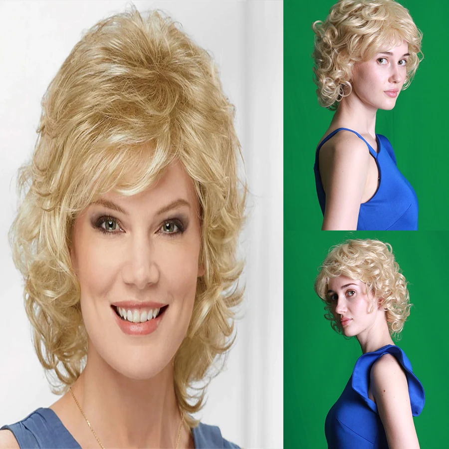 HAIRJOY Women Synthetic Hair Wigs Short Curly with Bangs  Shoulder Length Brown Blonde Grey White Wig