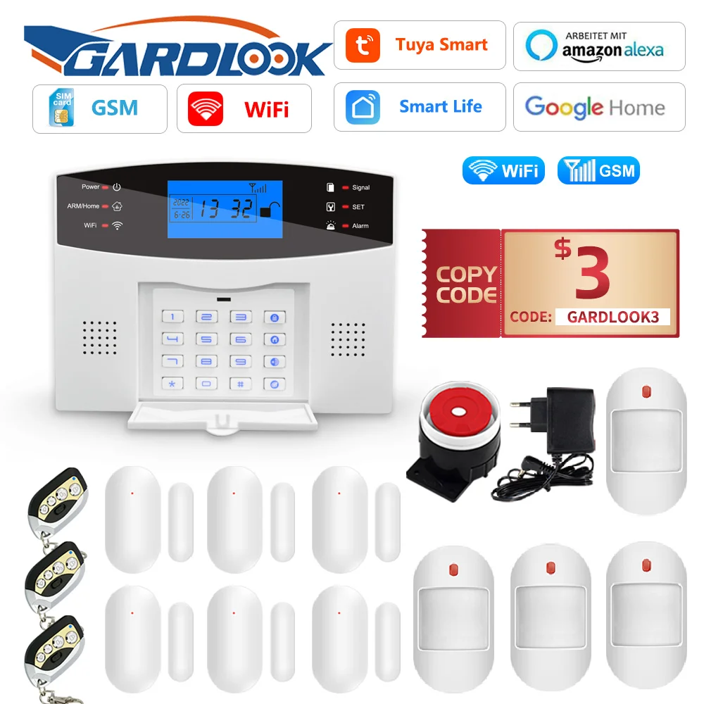 Gardlook t2b sistema de alarme para casa assaltante segurança wi fi 433mhz gsm alarme sem fio tuya casa inteligente controle app