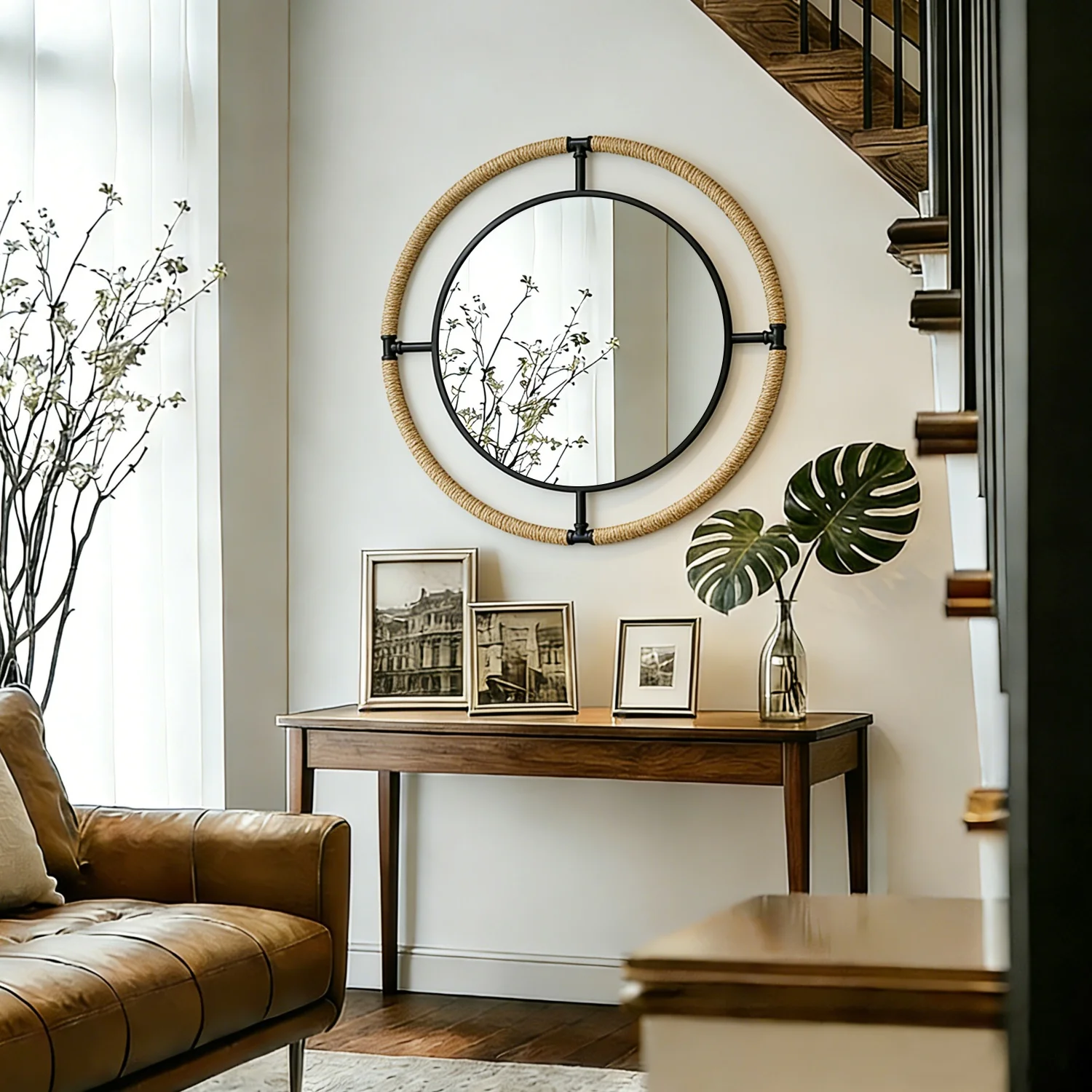 Large Nautical Round Wall Mirror with Rope 30cm Hanging Accent Mirror for Bathroom,Livingroom Decorative Mirror