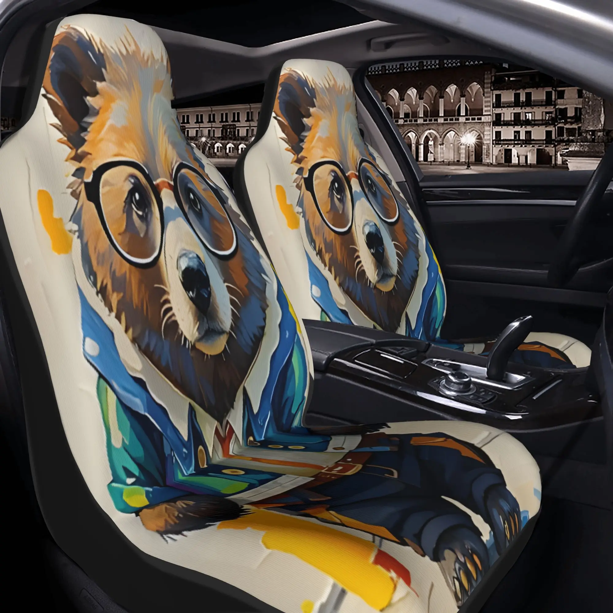 Set Of 2 Adorable Bear-Themed Car Seat Covers Featuring Glasses And A Colorful Jacket, Designed In A Lively Artistic Style. Perf