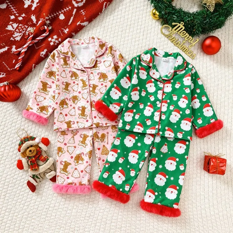 Newborn Baby Girls Christmas Pajama Set Pink Gingerbread Green Santa Print Fluffy Trim Button Up Loungewear 0 24M