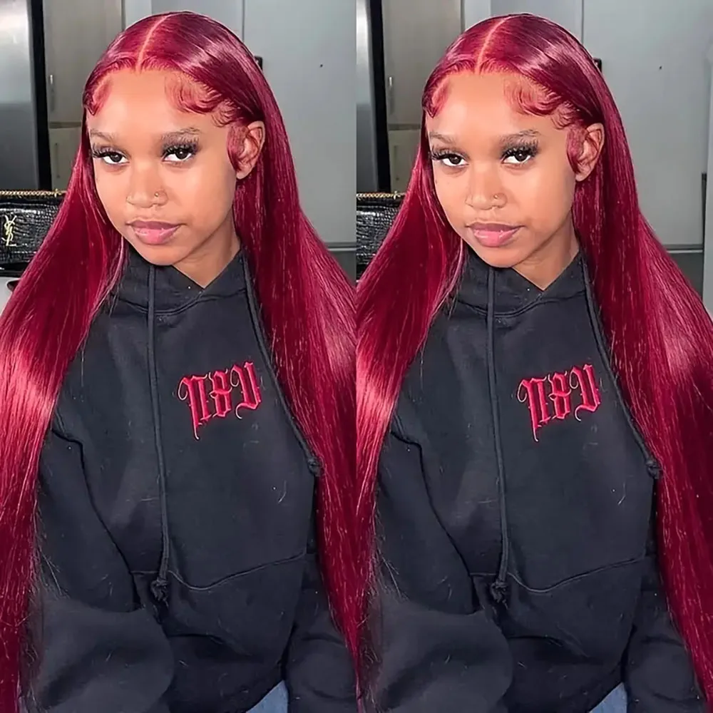 13 × 4 باروكات أمامية من الدانتيل الشفاف للنساء 99J قبل قطعها 220% كثافة بورجوندي مستقيم النبيذ الأحمر الدانتيل شعر مستعار أمامي شعر الإنسان