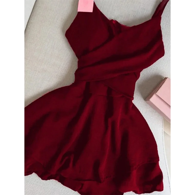 فستان قصير أحمر عتيق للنساء أنيق للحفلات الكشكشة السباغيتي حزام فساتين الصيف السيدات الكورية Bodycon تصميم ألف خط Vestidos