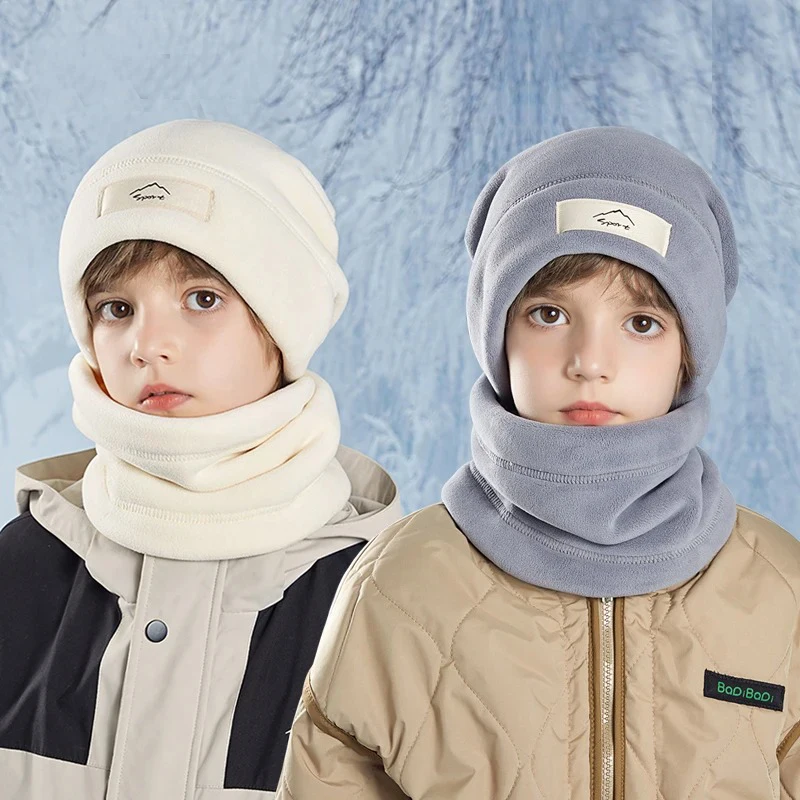 

2Pcs Set Kid Hat Windproof Polar Fleece Winter Hat Thermal Head Hat Scarf Set Face Cover Cycling Skiing Hooded Neck Warmer
