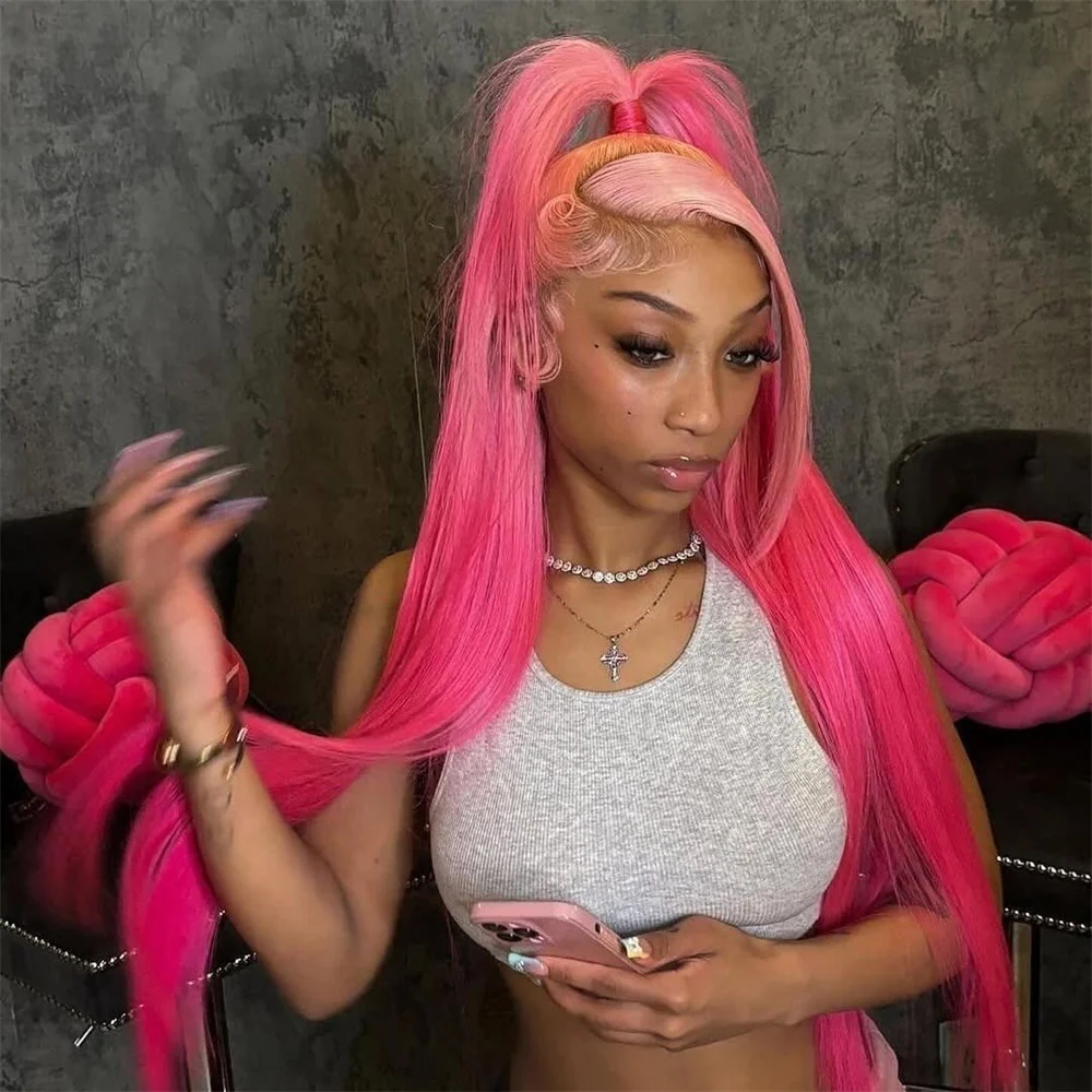 

High Quality Highlight Light Pink Red Lace Front Wigs Human Hair White 13X6 HD Transparent Lace Frontal Wigs