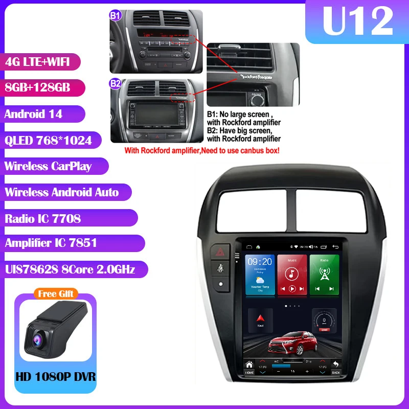 Android 14 Mitsubishi Asx 1 2010-2016 9.7 "7862S QLED Autoradio Multimedia Video Player Carplay Auto GPS Navi Stereo Geen DVD 2Din