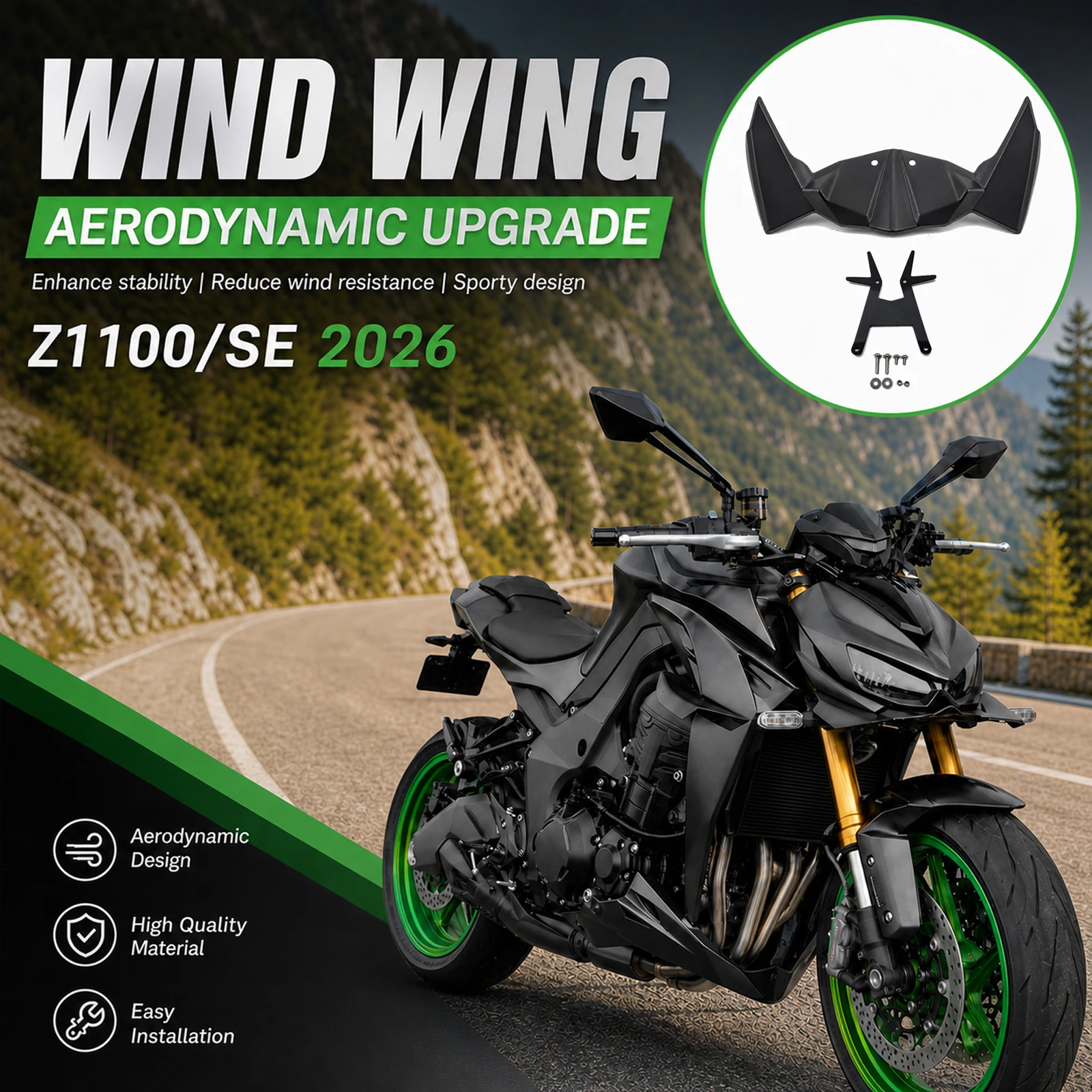 Motorcycle Fixed Wind Wing Front Aerodynamic Winglet Carbon Fiber Fairing Spoilers For KAWASAKI Z 1100 2026 Z1100 SE 2026