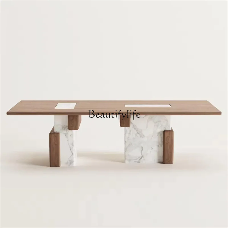 

French retro rectangular solid wood dining table designer creative household medieval cream style marble art dining table