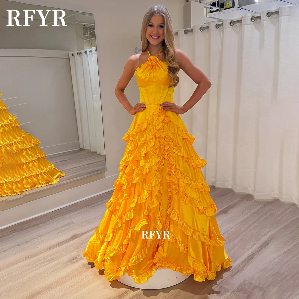 

RFYR Halter Prom Dress A Line Evening Dress with Ruffles Orange Party Dress Pleats Formal Occasion Dress رسمية Customized