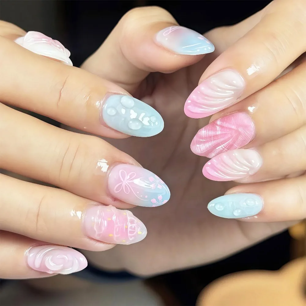 24pcs 3D Flower Design Press-On Nails Kit, Almond, Full Cover, Women's Beach Nail Decor