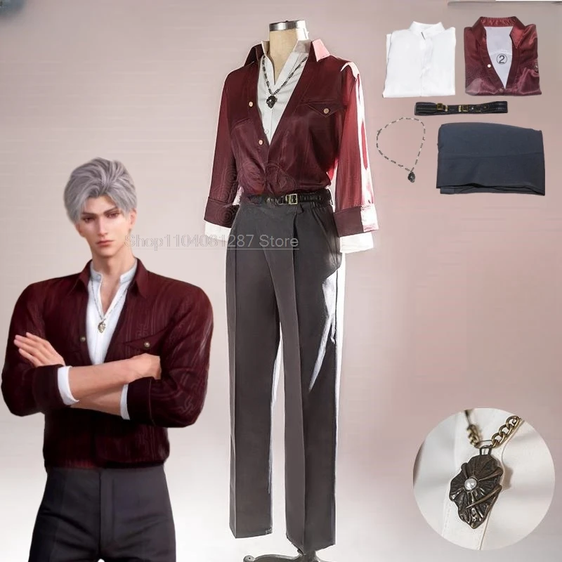 Disfraz de Cosplay de Love and Deepspace Sylus, peluca, juego de Anime, camisas rojas, pantalones, traje, juego de pelo gris, Cosplay de Halloween para hombre