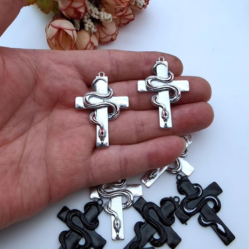 5pcs Diablo Gothic Jewelry Cross Snake Red Oil Drop Handmade Accessories Punk Jewelry 30*41mm