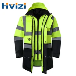 Hi Vis 7 in 1 Waterproof Parka Windbreaker Workwear Rain Coat Reflective Safety Jacket with Cotton Linner