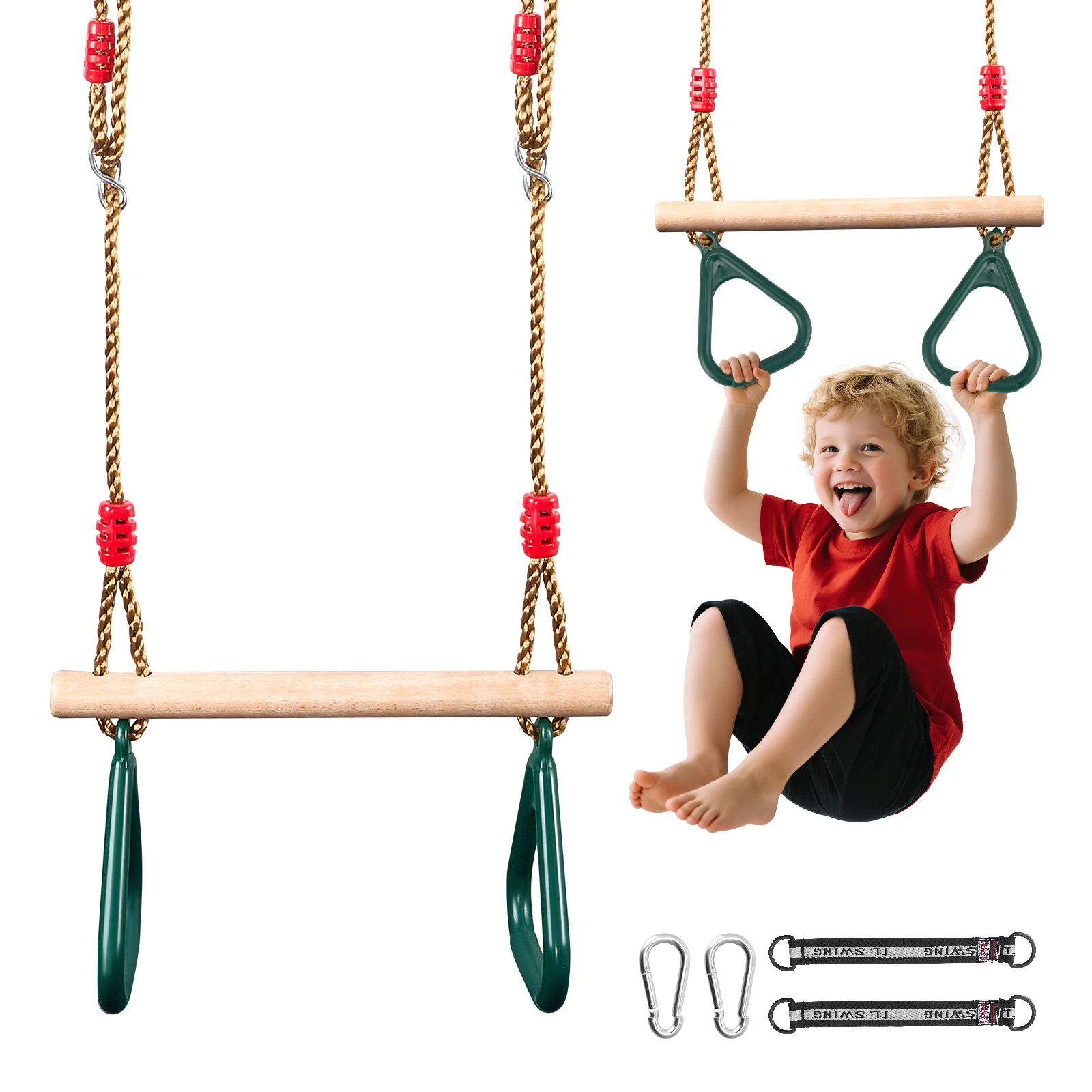 Verstellbare Holz-Schaukelstange mit Ringen für Kinder, Indoor-Outdoor-Fitness-Set, belastbar bis 330 Pfund, Karabiner und Gurte inklusive für Kinder-Fitness und Spiel