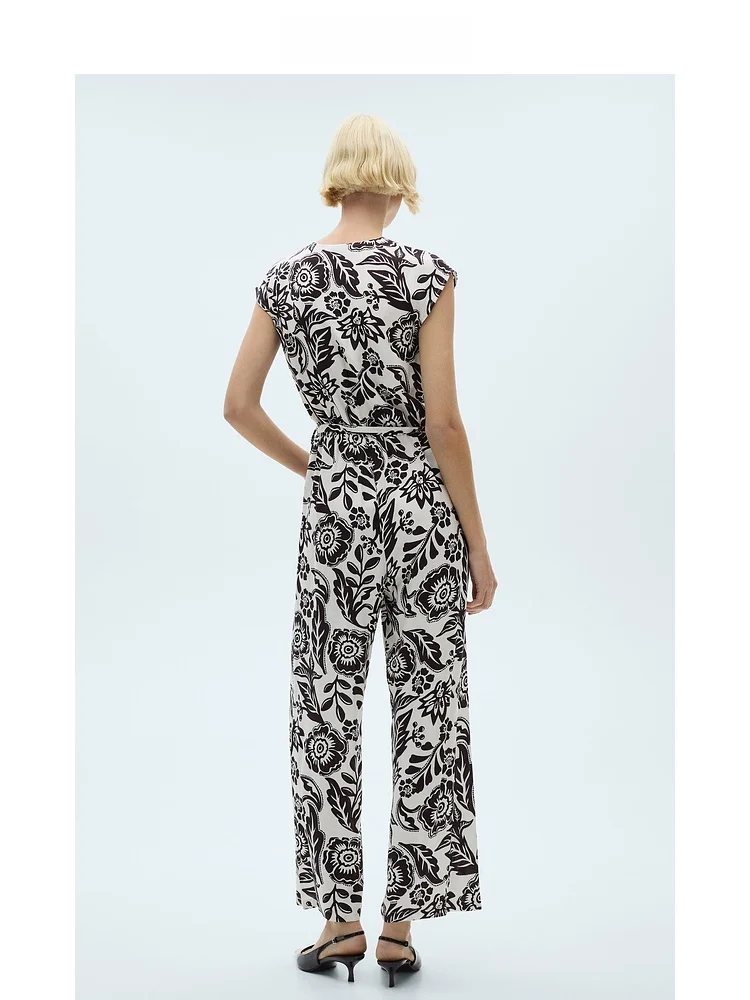 Traje de una Pieza para Mujer Mango, Primavera, Nuevo, Lino, Estampado Mixto, Cuello en V, Cintura Alta, Pantalones Largos, Cintura Alta, Cinturón, Pierna Recta