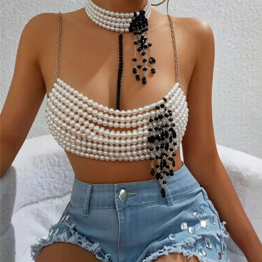 2026 Design White Imitation Pearls Bra Chain for Women Carnival Halloween Party Beaded Tassel Crop Top Night Clubwear Body Chain