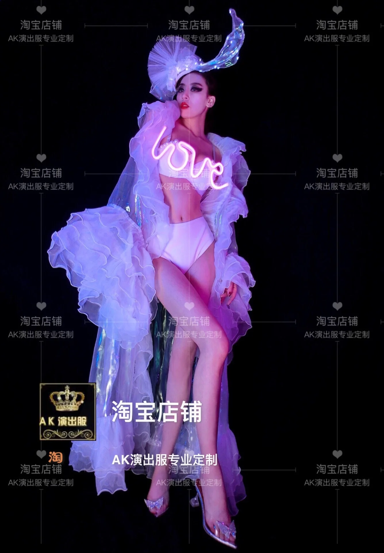 JK Sexy Performance Hot Cos Female Valentine's Day White Yarn Lace LED Illusion Color Perspective Long Jacket Singer Dance Party