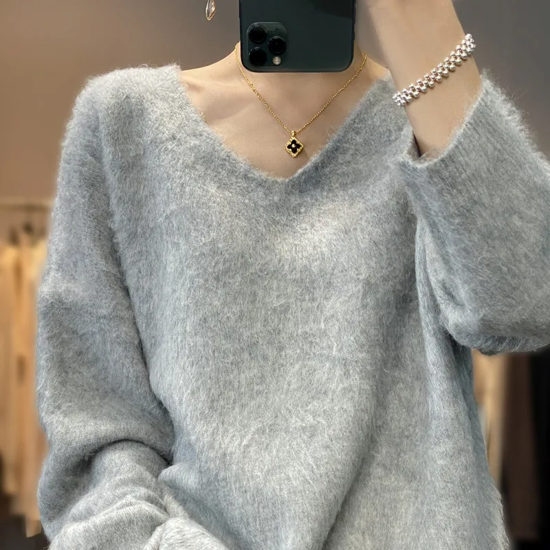 Cashmere Knitted Sweater 2024 Fashionable Loose Thick Plush For Autumn/Winter Lazy Style V-neck Soft Solid Long Sleeves Pullover