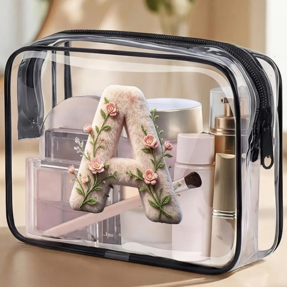 Fuzzy Floral Monogram AZ Clear PVC Cosmetic Bag Soft Alphabet Letter Makeup Pouch Portable Travel Toiletry Organizer With Zipper
