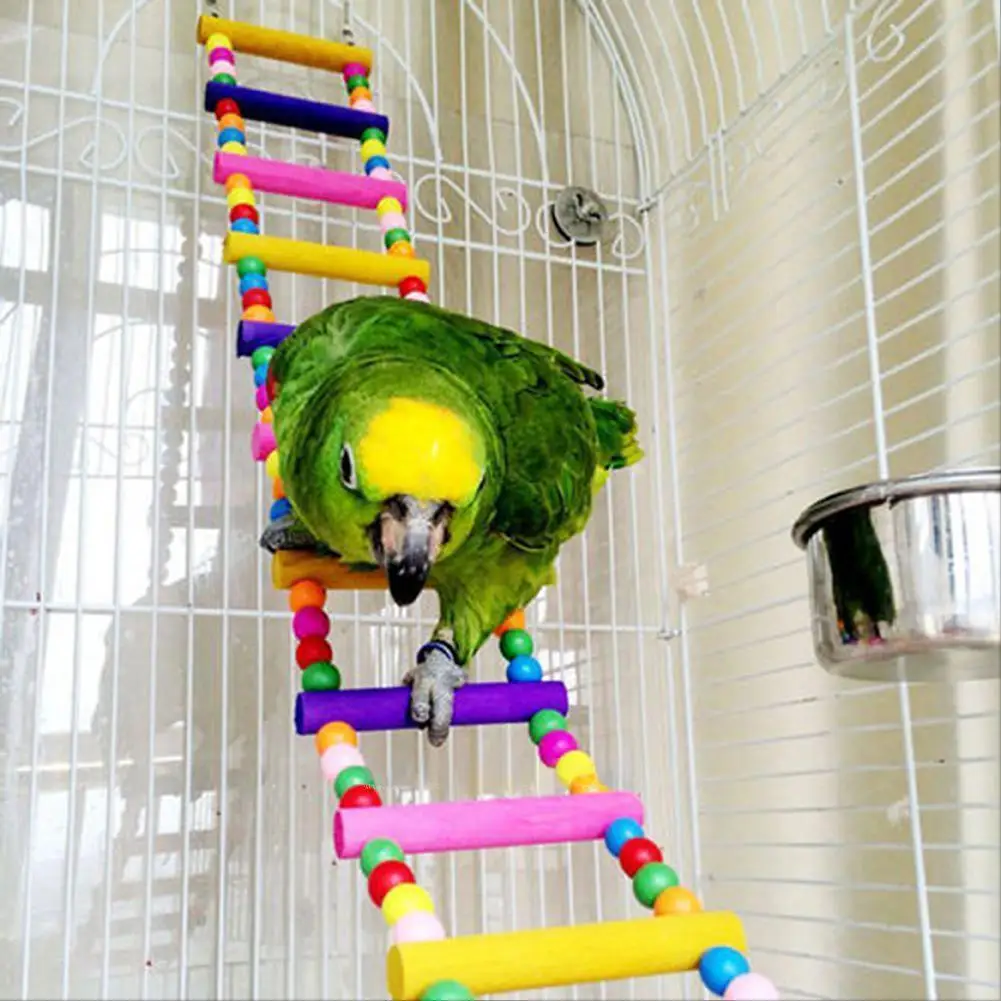 【 Ready Stock 】 Colourful Pet Climbing Ladder Biting Wood Brick Toys with Hanging Rope for Bird Parrot Supplies