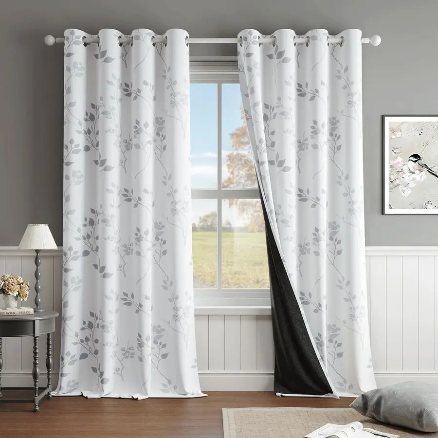 

Floral 100 Blackout Curtains 84 Inches Long 2 Panels for Bedroom Living Room Grey White Flower Patterned Room Darkening Thermal
