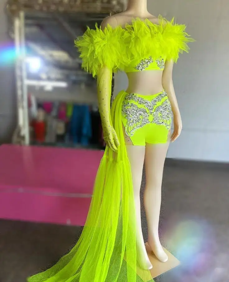 Lemon Green Mini Evening Cocktail Bodysuit Dress with Side Train Crystal Beaded Birthday Prom Gown vestidos de fiesta 2024