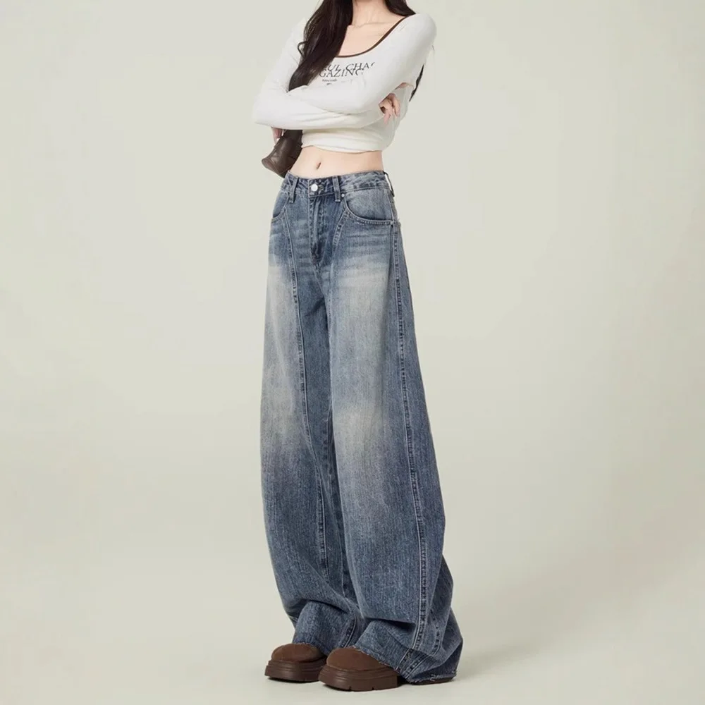 Vintage Blue Wide-Leg Jeans For Women, Autumn Trendy Versatile New Design High-Waisted Draped Scimitar Pants