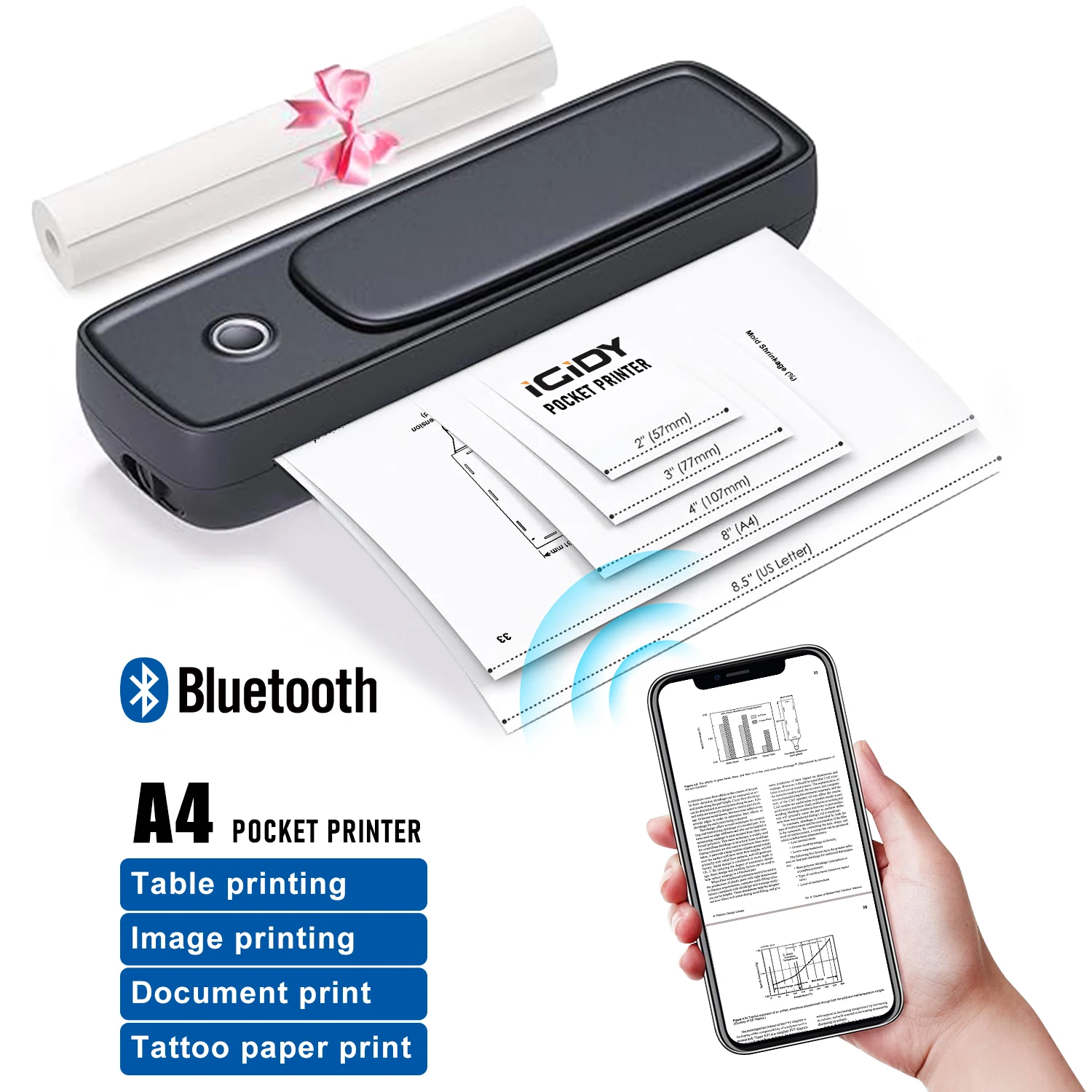 

Portable Bluetooth Thermal Printer with Phone Holder, for Travel Home, for Thermal Roll Paper Folded Paper, for iOS Android