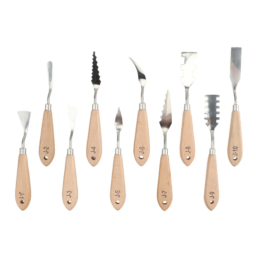 

10pcs Oil Painting Spatula Set Wood Handle Painting Spatulas Knives For Mixing Spreading Scratching Acrylic Oil Paint Color