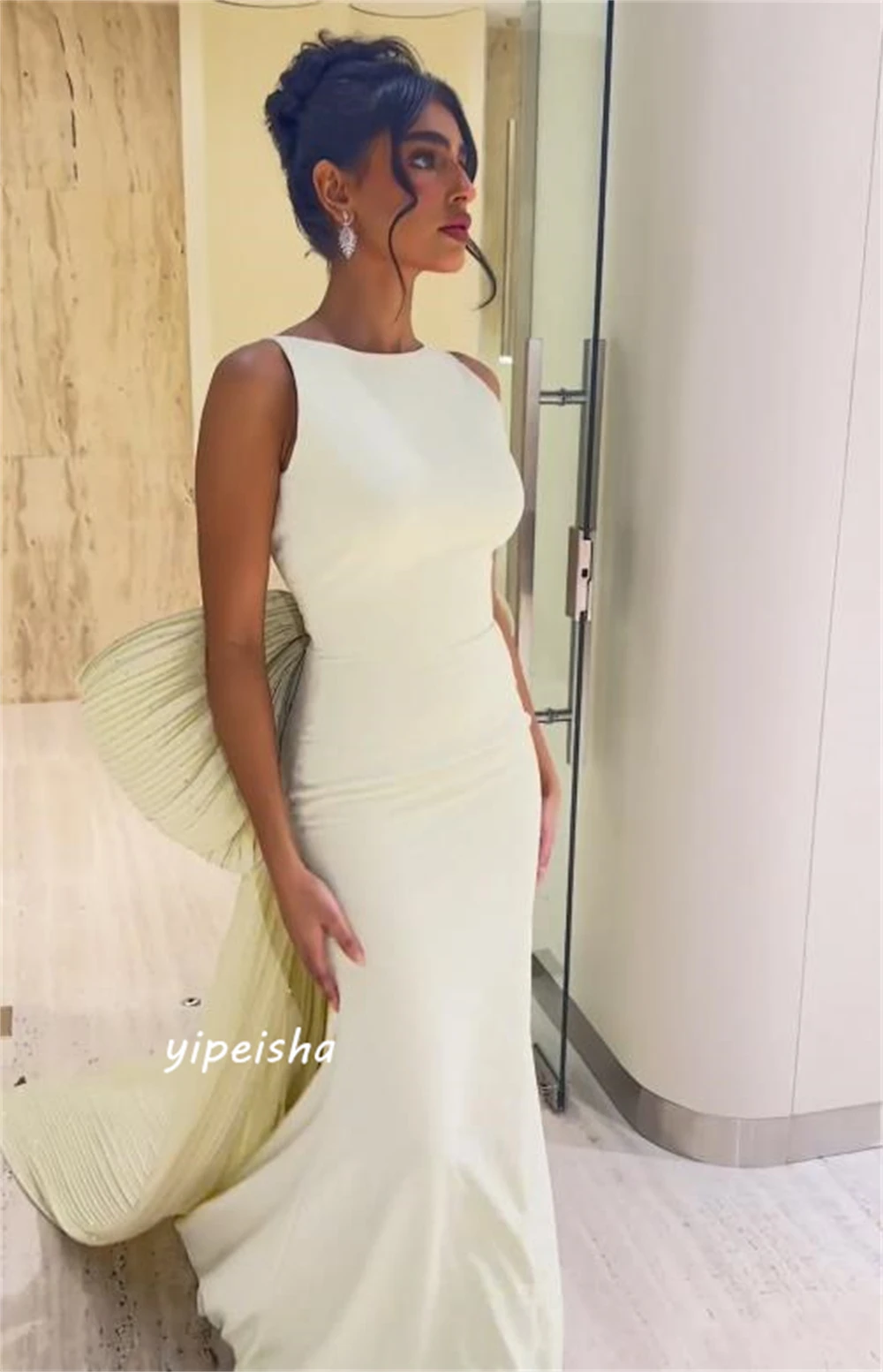 Customized Sexy Sexy Casual Jewel Sheath Quinceanera Open Back Bows Draped Floor Length Skirts Charmeuse Evening