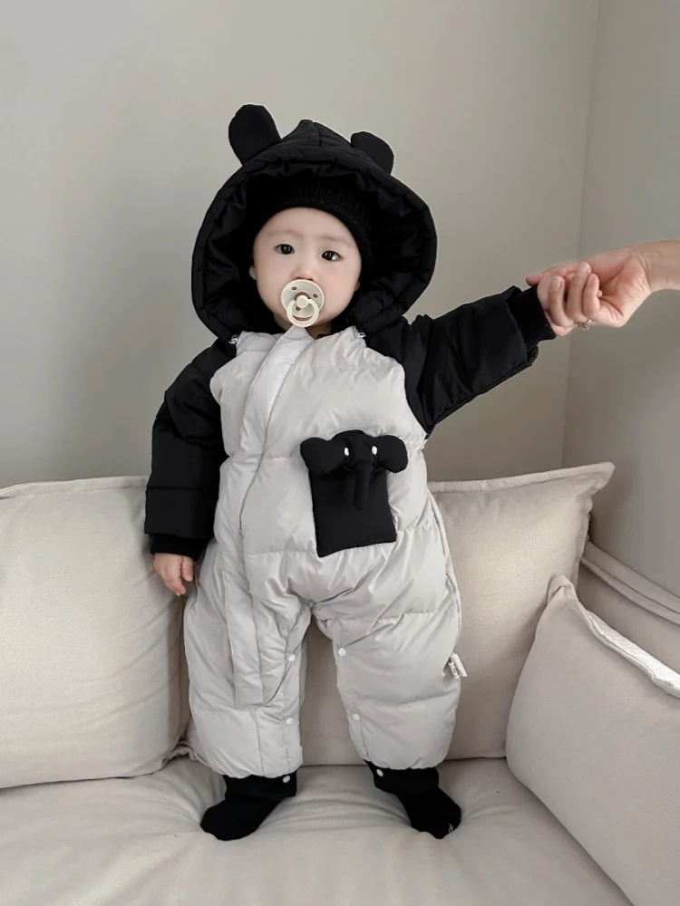 Thiened down Overall Suit for Babies And Toddlers Cute Winter Outwear Casual Sle Removable Hood White Du down Filling