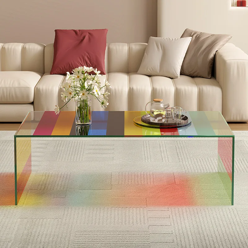 โต๊ะกาแฟหรูหราสไตล์ไลท์ลักชัวรี่สำหรับห้องนั่งเล่น โต๊ะกาแฟกระจกสีรุ้งแบบกระจกนิรภัย โต๊ะกาแฟขนาดเล็กทันสมัยเรียบง่าย