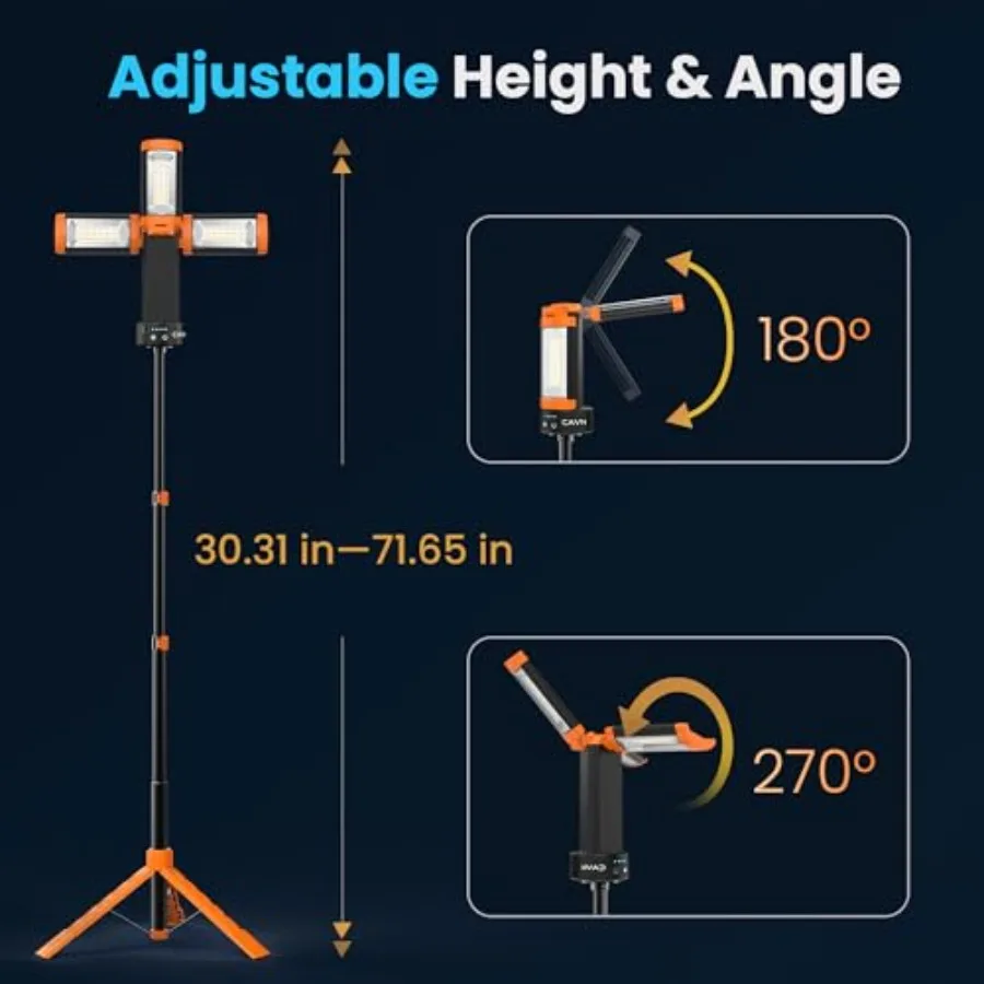 Rechargeable Camping Lights with Remote and Detachable Tripod Max Height 6.0 Feet, Portable Work Light with 3 LED Lamp Heads, C