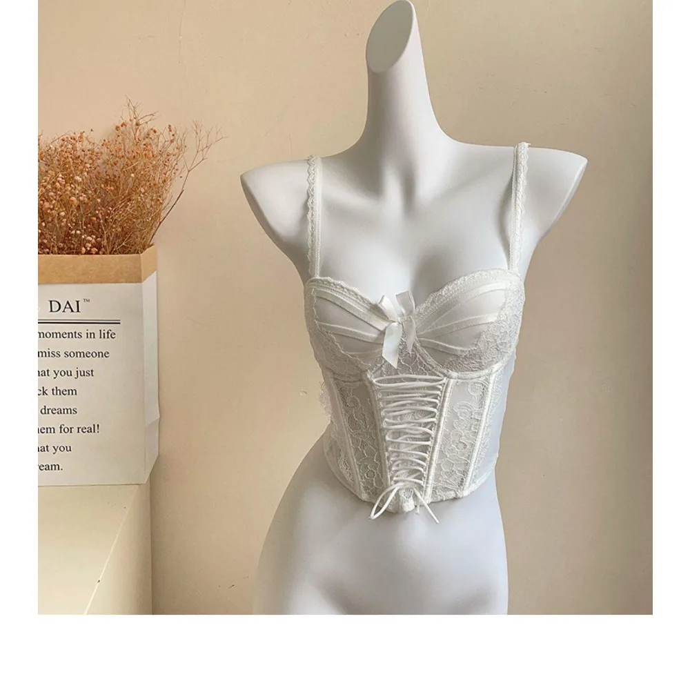 French Style Fishbone Bustier Women Lace Camisole Bow Tie Strap Bra, Wearable Outerwear & Inner Top, Elegant Sling Vest, 32-38