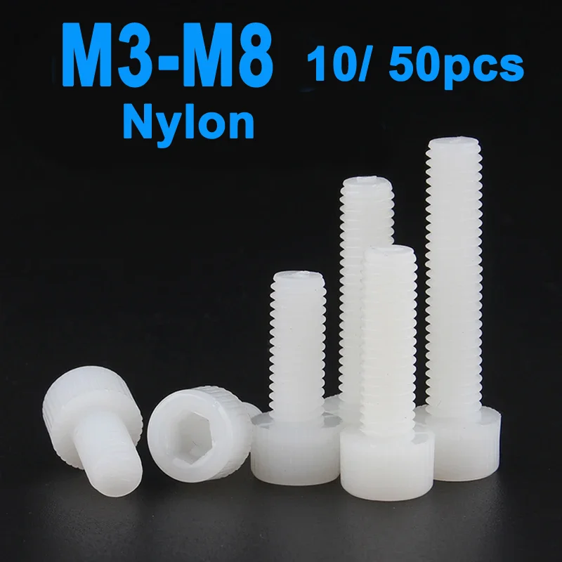 

10/ 50pcs Plastic Nylon Socket Cap Screws White Hex Head Allen Bolts Screw M3 M4 M5 M6 M8