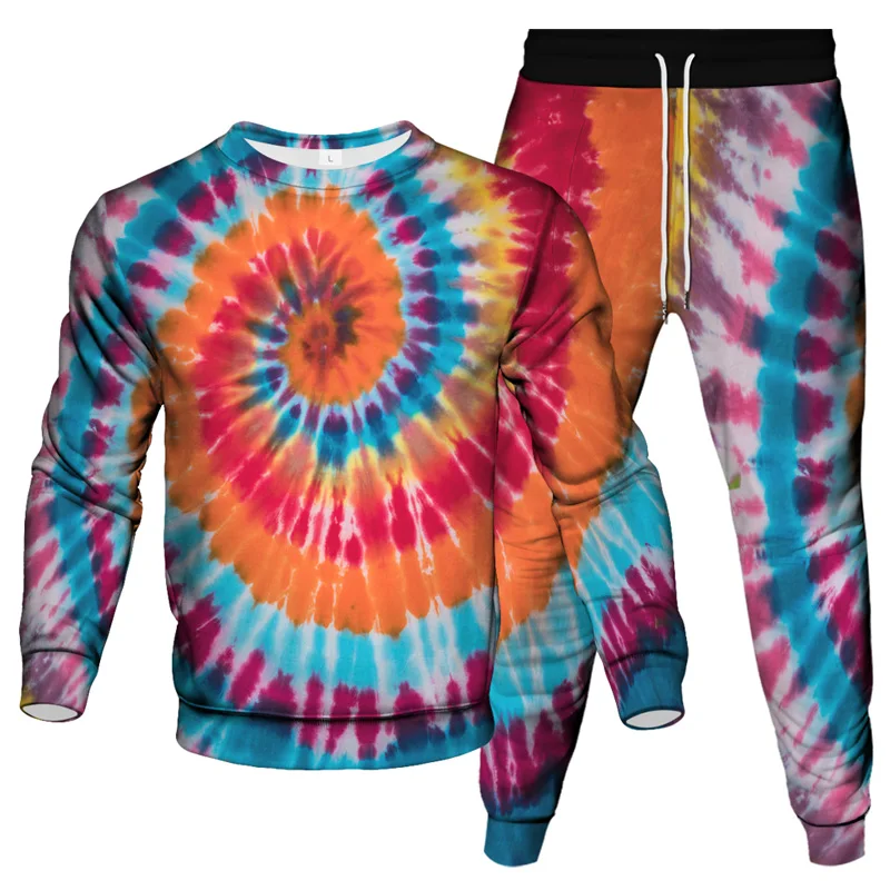 Tie Dye Vortex Colorful Pattern Printing Men Tracksuit Outdoor Fashion Casual Clothes Suit Jogging Pant Sweatshirt 2 Piece Set