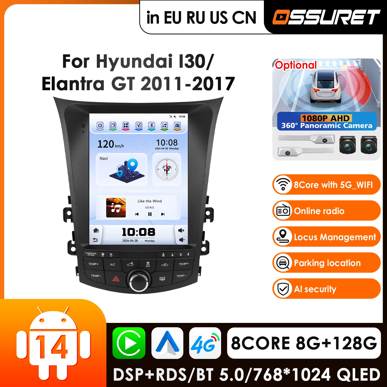 

Автомагнитола OSSURET Carplay Android 14 для Hyundai I30 GD Elantra GT 2011-2017, автомобильный мультимедийный видеоплеер, GPS-навигация, стереосистема
