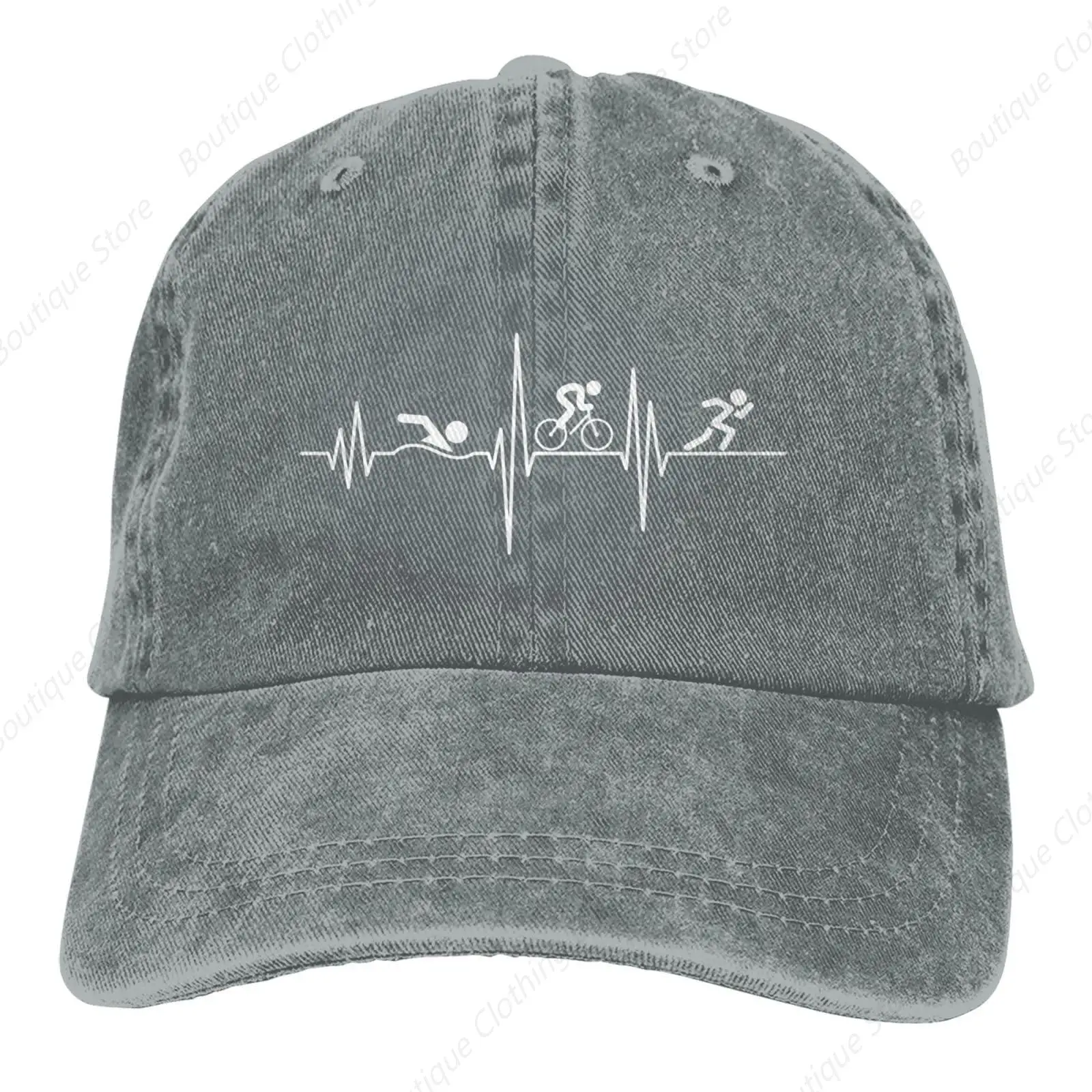 

Triathlon Heartbeat Hat Funny Cotton Hats Adjustable Vintage Cowboy Baseball Cap for Men Women Gray