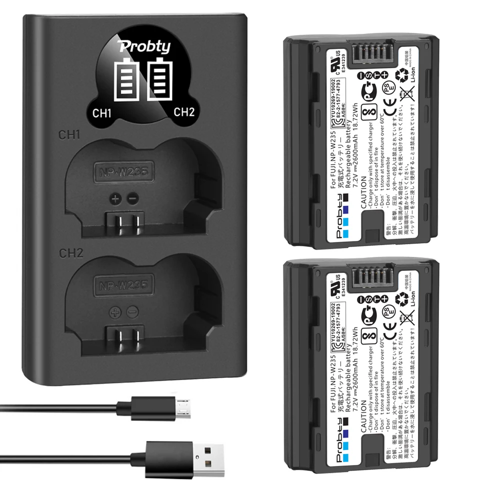 2 Pcs 2600mAh NP-W235 NP W235 Camera Battery+ LED USB Dual Charger For Fujifilm X-T5, X-T4, GFX 50S II, GFX 100S, X-H2S cameras