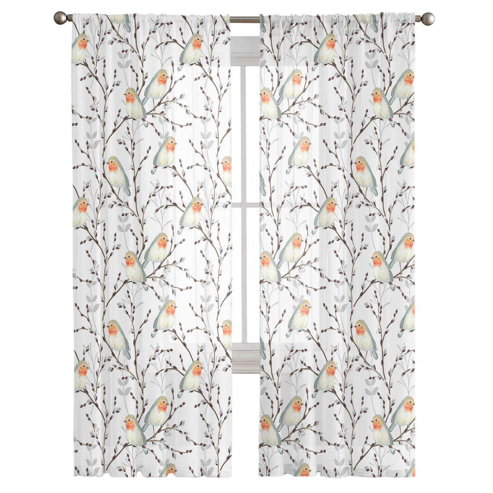 Willow Branch Robin Branch Bird Sheer Curtains For Living Room Tulle Window Curtain Bedroom Kitchen Veil Drapes