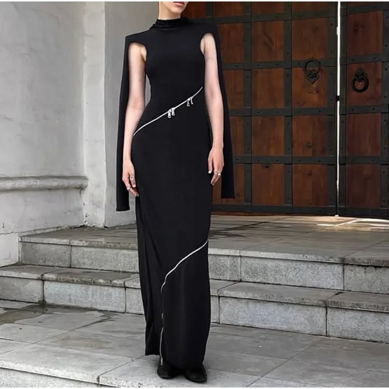 

Street Punk Light Asian Irregular Zipper Design Deconstructs Scheming Cutout Long Sleeve Dress for Women